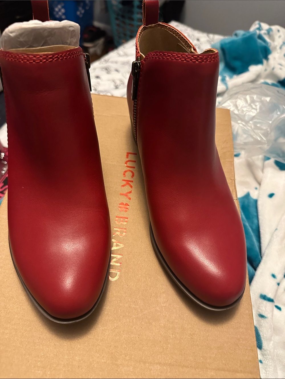 Lucky Brand Red Smooth Leather Ankle Booties with Side Zip LK Basel